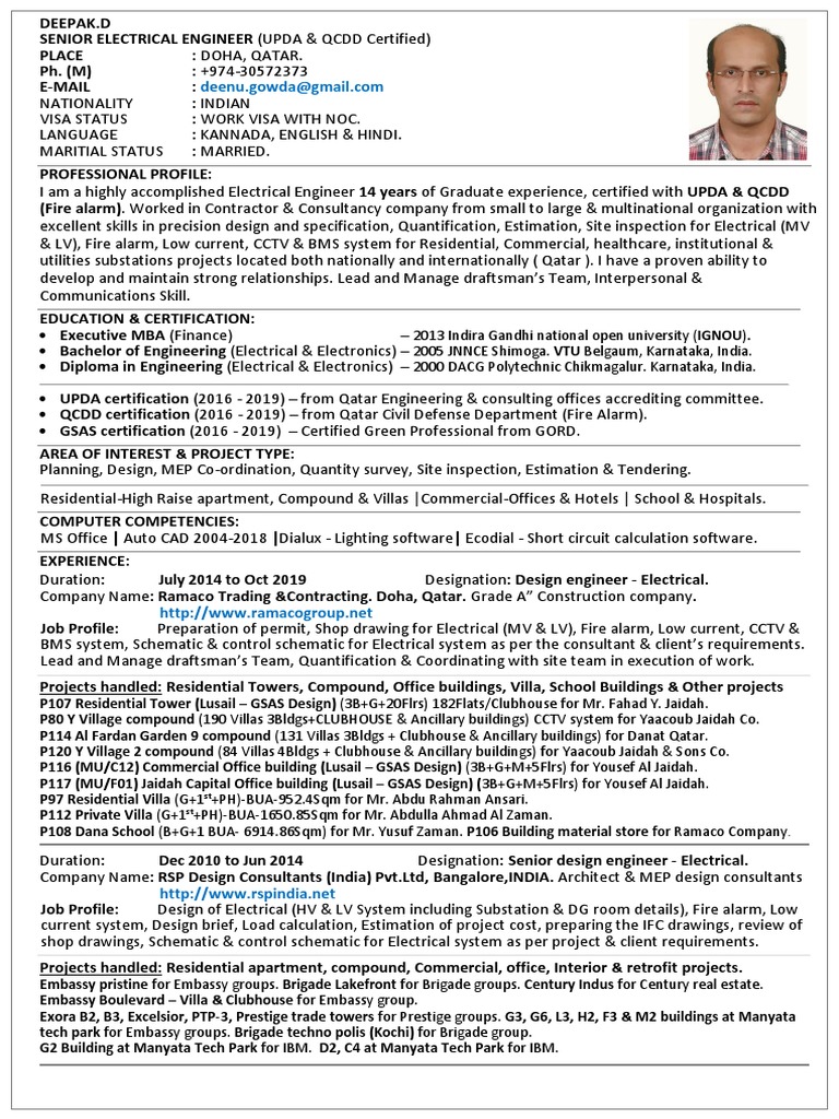 Senior Electrical Engineer Profile | PDF | Specification (Technical ...