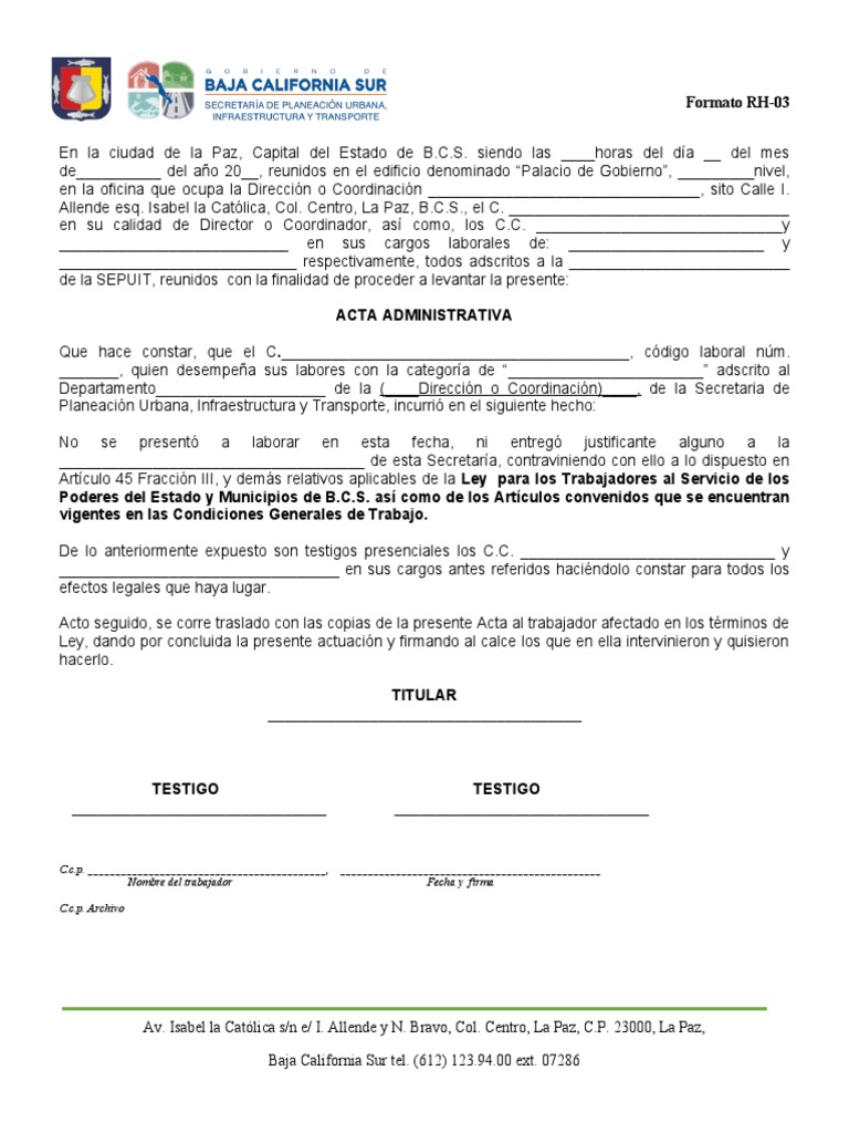 Acta Administrativa de Inasistencia Laboral | PDF | Gobierno