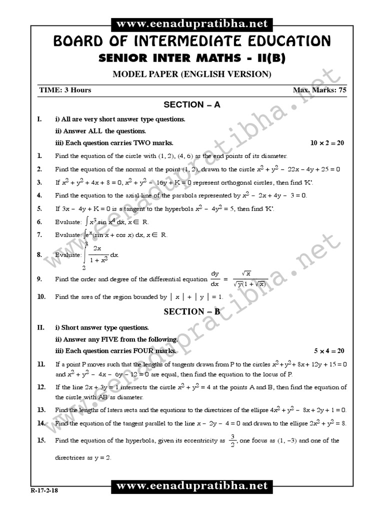 Board of Intermediate Education: Senior Inter Maths - Ii (B) | PDF ...