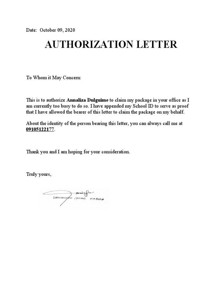 Authorization Letter To Claim Package | PDF