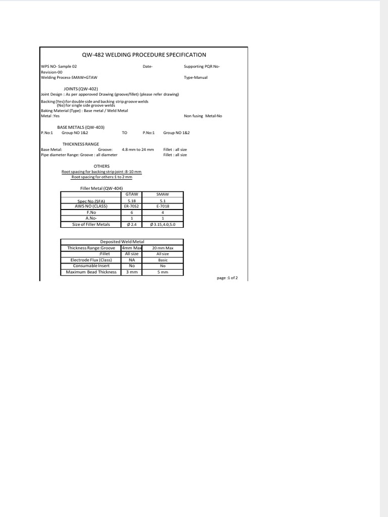 Qw482 Welding Procedure Specification PDF Welding Construction