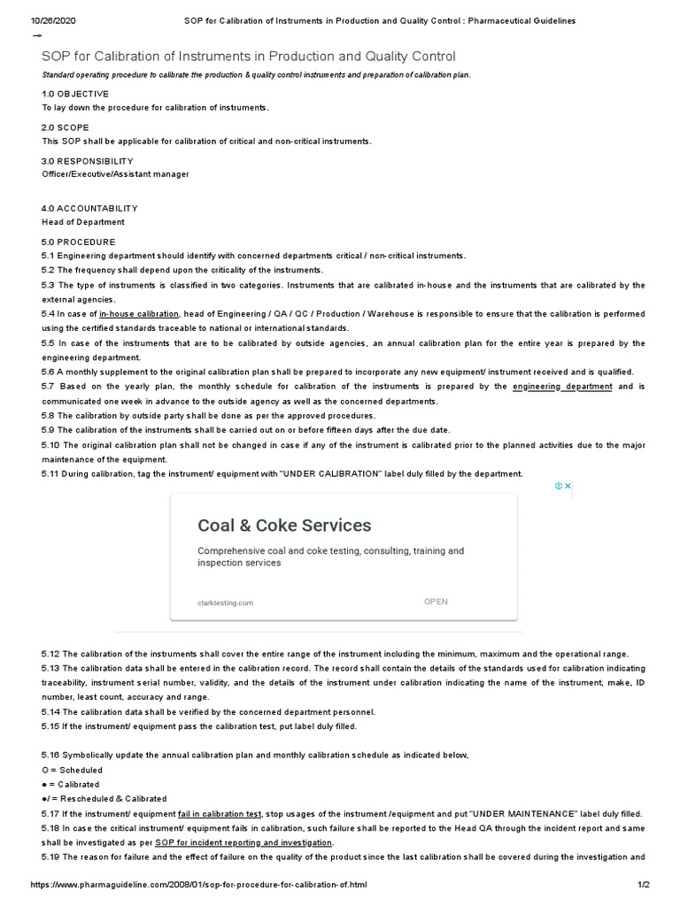 SOP For Calibration of Instruments in Production and Quality Control