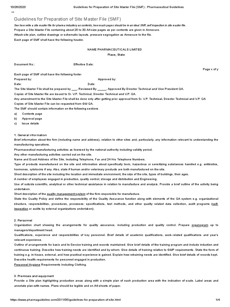 Guidelines for preparation of site master file smf pharmaceutical