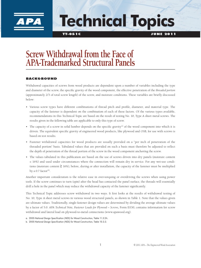 APA Technical Topic - TT-051 - Screw Withdrawl APA Panels | PDF | Screw ...