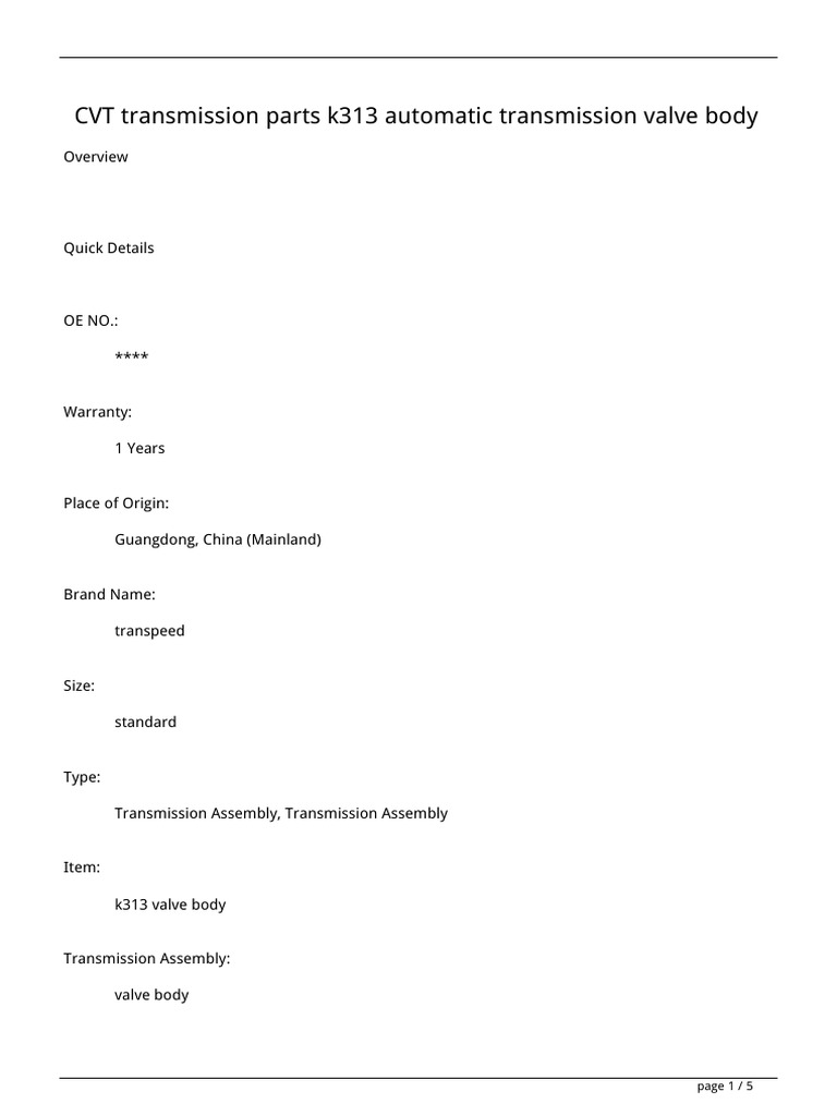 CVT Transmission Parts k313 Automatic Transmission Valve Body PDF