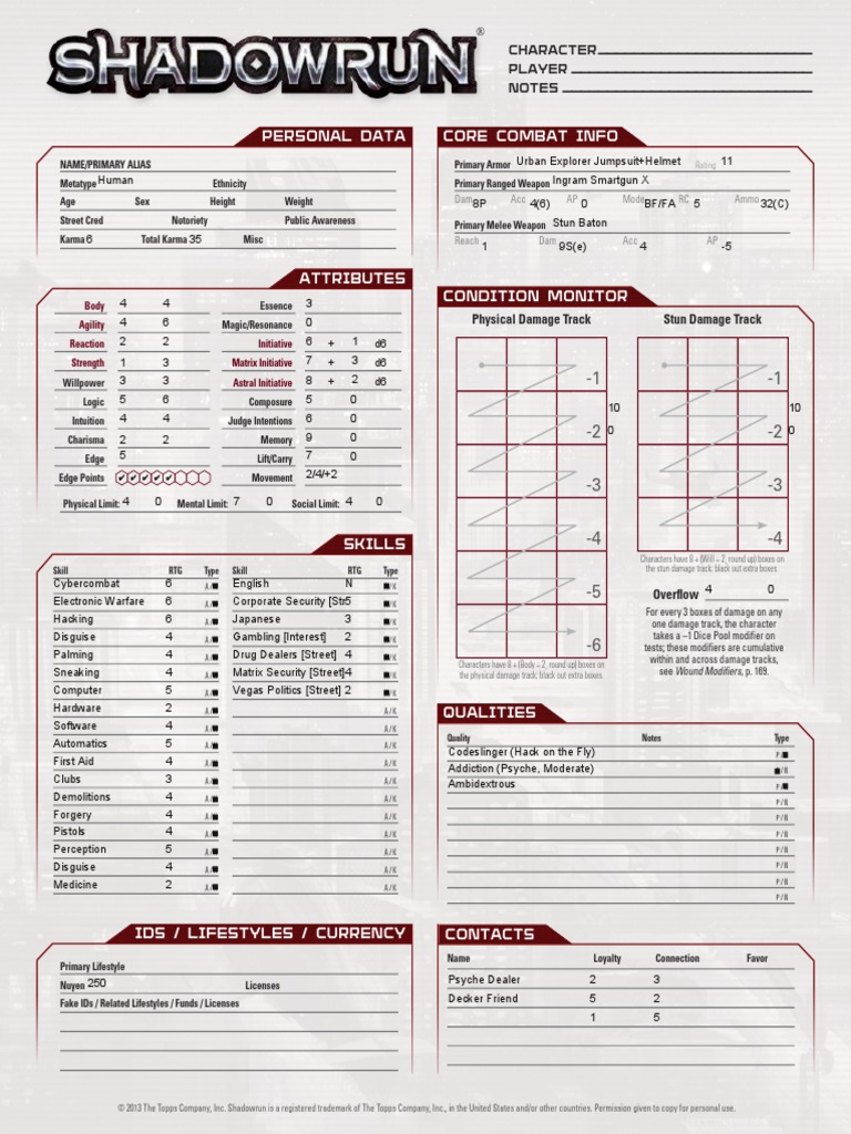 Personal Data Core Combat Info: Physical Damage Track Stun Damage Track ...