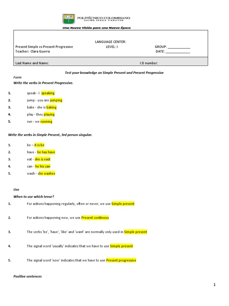 Present Simple vs Progressive Exercises | PDF | Grammar | Syntactic ...