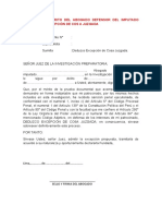 Escrito Del Abogado Defensor Del Imputado Deduciendo Excepción de Cos A Juzgada