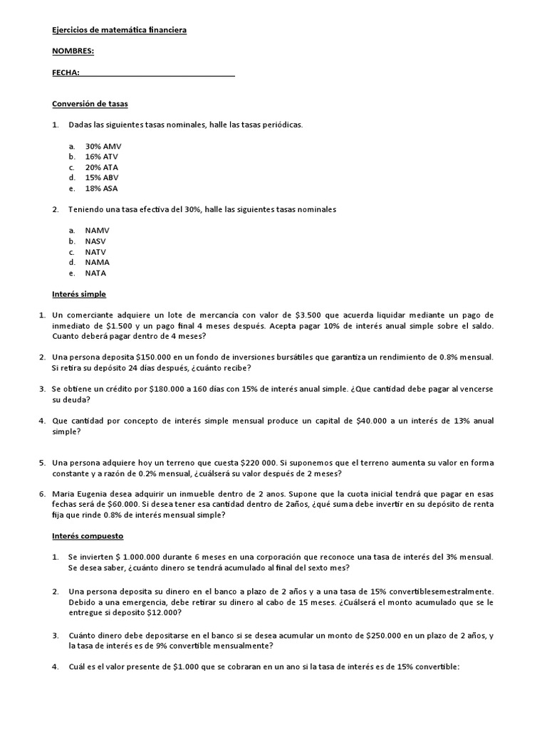 Ejercicios de Matemática Financiera | PDF | Interés | Tasas de interés