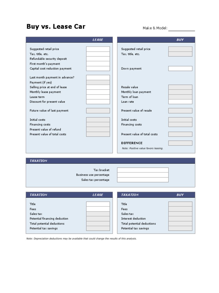 Buy Vs Lease Car Calculator PDF Tax Deduction Present Value
