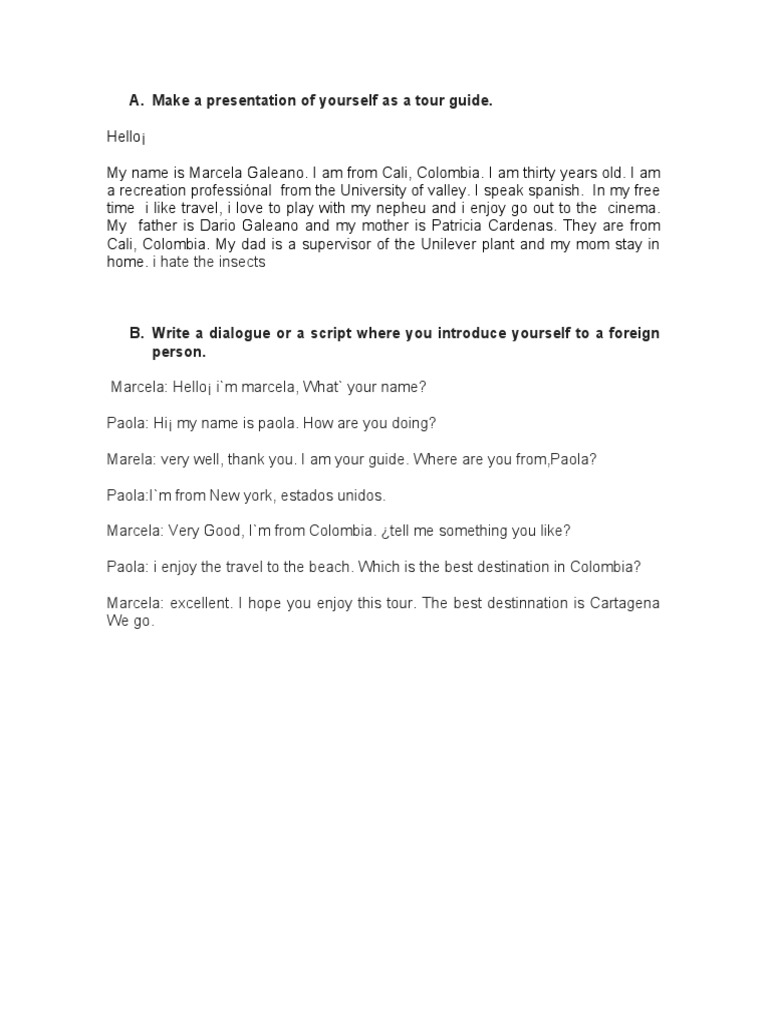 Make A Presentation of Yourself As A Tour Guide PDF