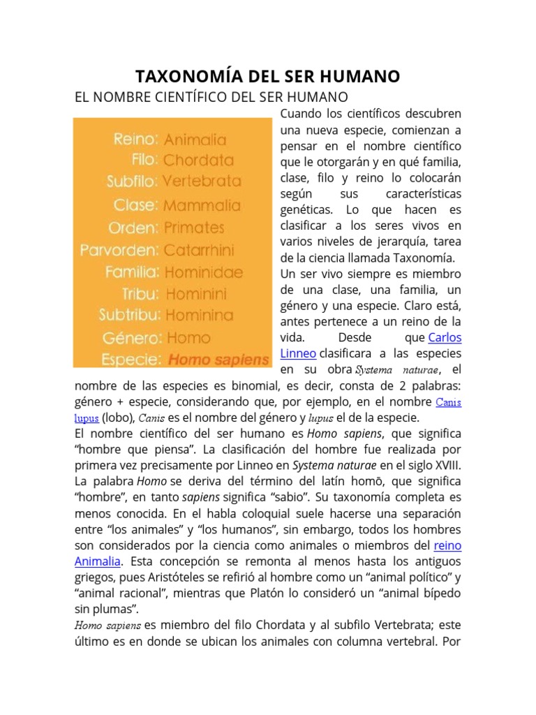 Taxonomía Del Ser Humano PDF Homo Homo Sapiens