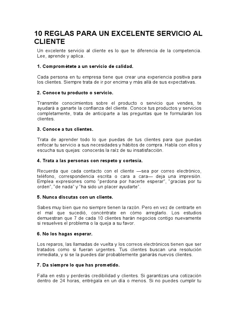 10 Reglas para Un Excelente Servicio Al Cliente | PDF | Cliente | Business