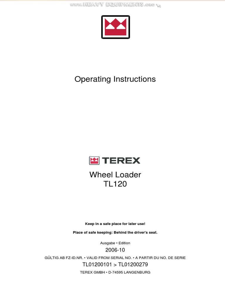 Manual Terex tl120 Wheel Loader Operating Instructions Technical  Specifications Working Operation Care Recovery Maintenance PDF | PDF |  Heavy Equipment | Safety