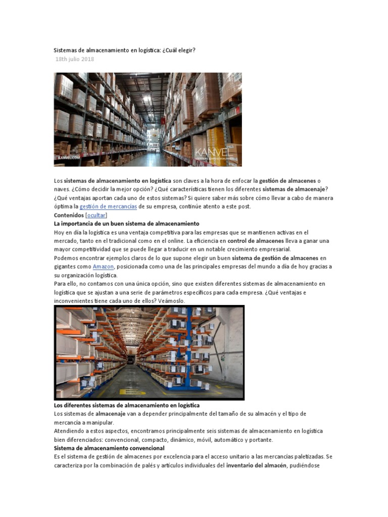 Sistemas de Almacenamiento en Logística | PDF | Almacén | Logística