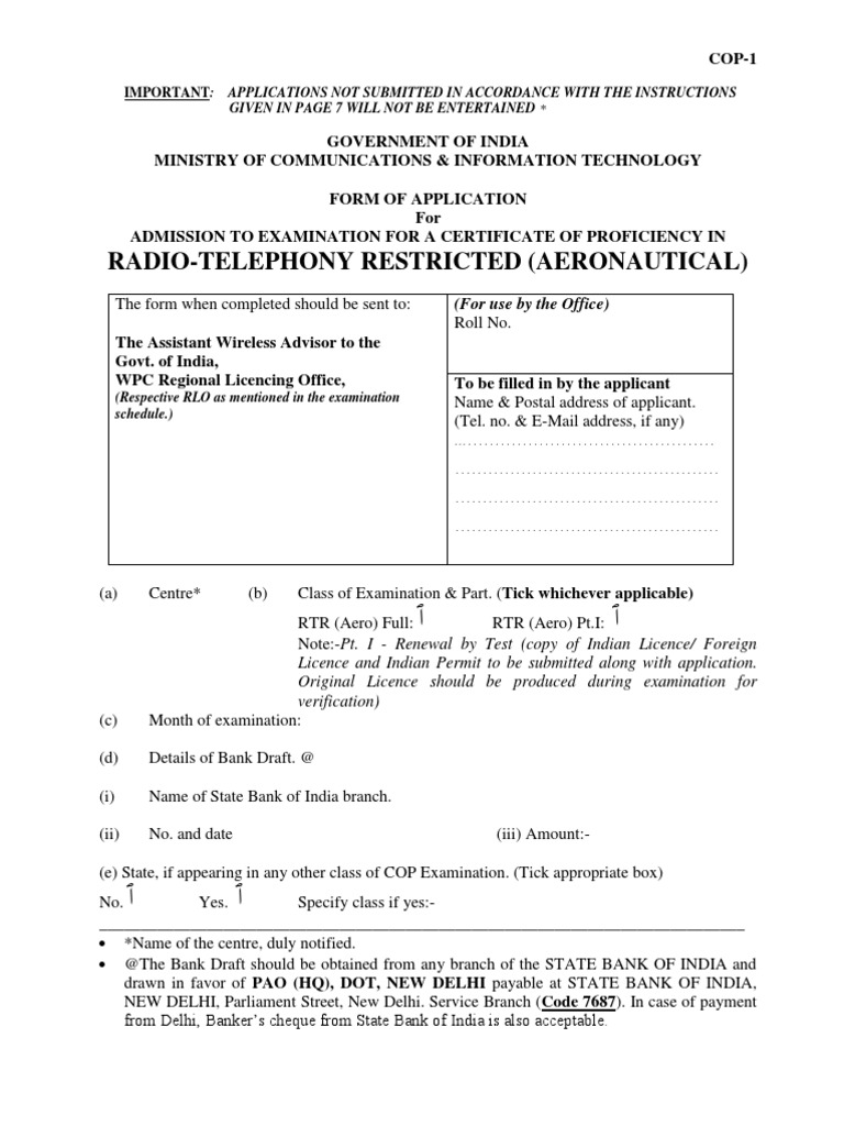 RTR(A) Full, Exam Application Form Test (Assessment) Cheque