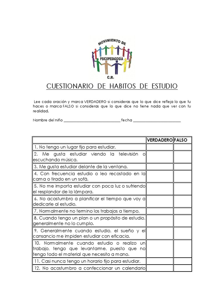 Cuestionario de Hábitos de Estudio | PDF | Artes del Lenguaje y ...