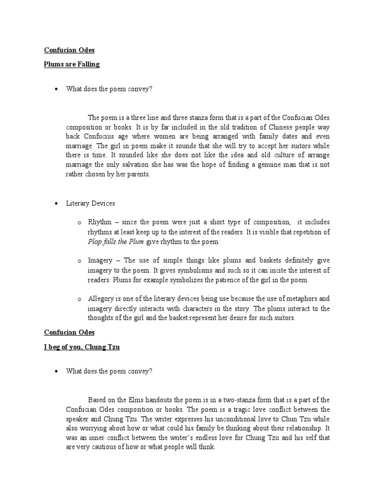 Confucian Odes Plums Are Falling Plop Falls The Plum Give Rhythm To The Poem PDF Allegory