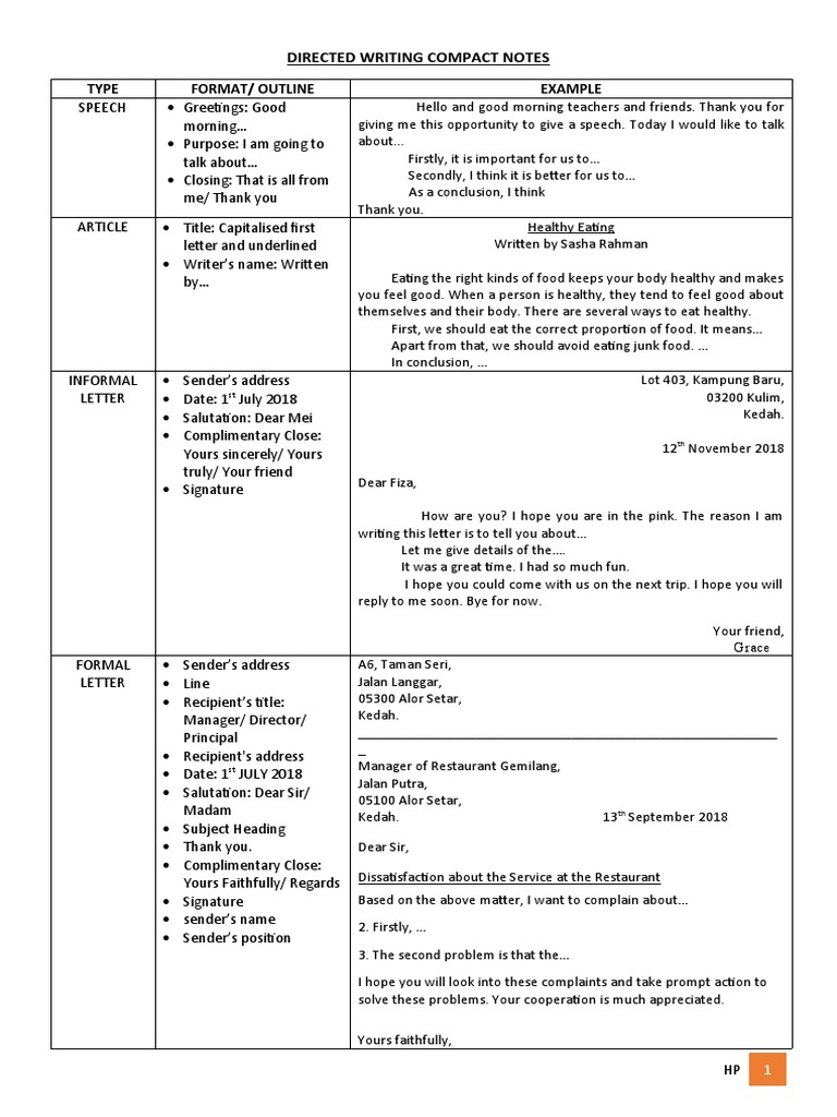 Directed Writing Compact Notes: Type Format/ Outline Example | PDF | Foods