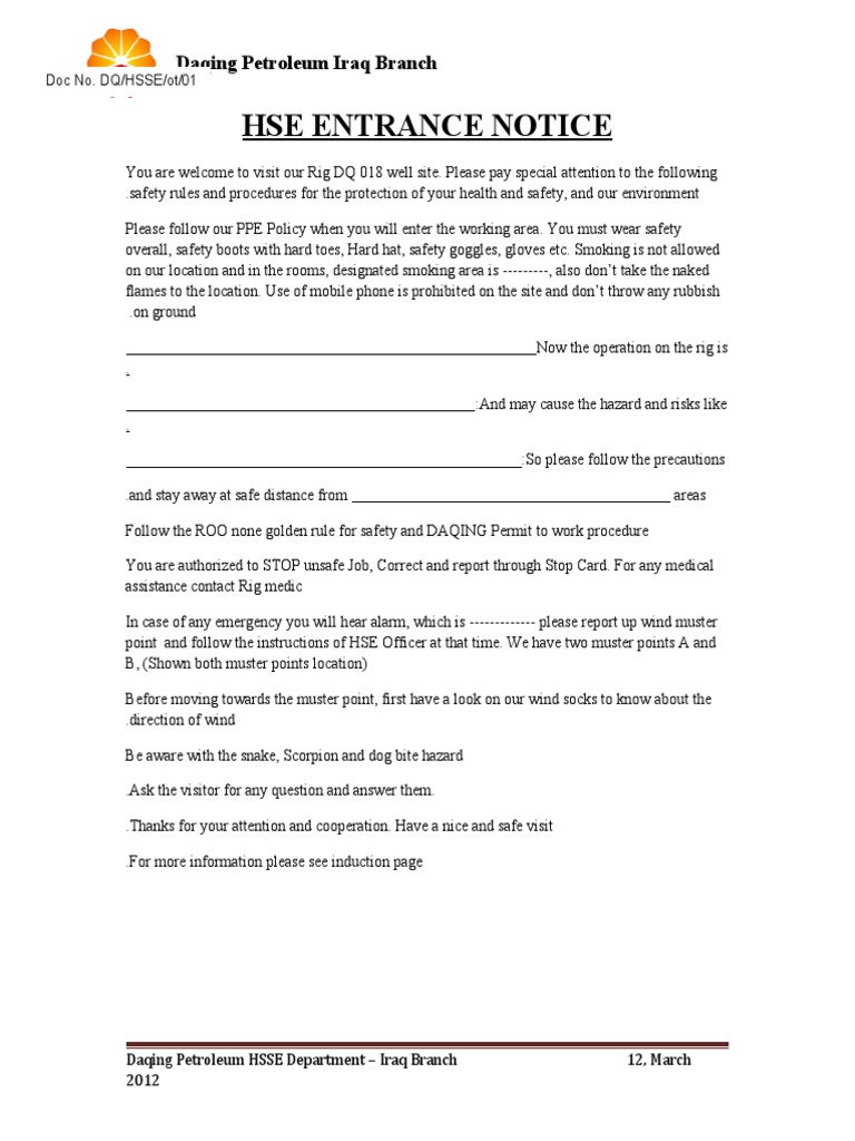Daqing Petroleum Rig HSE Safety Notice | PDF