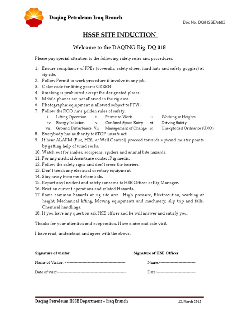 HSE Induction Form For Visitor Record PDF