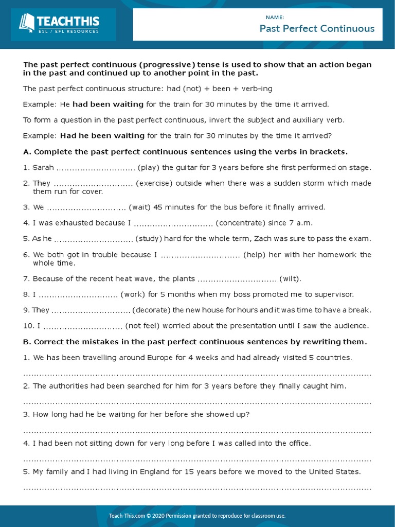 Past Perfect Continuous Interactive Worksheet | Download Free PDF ...