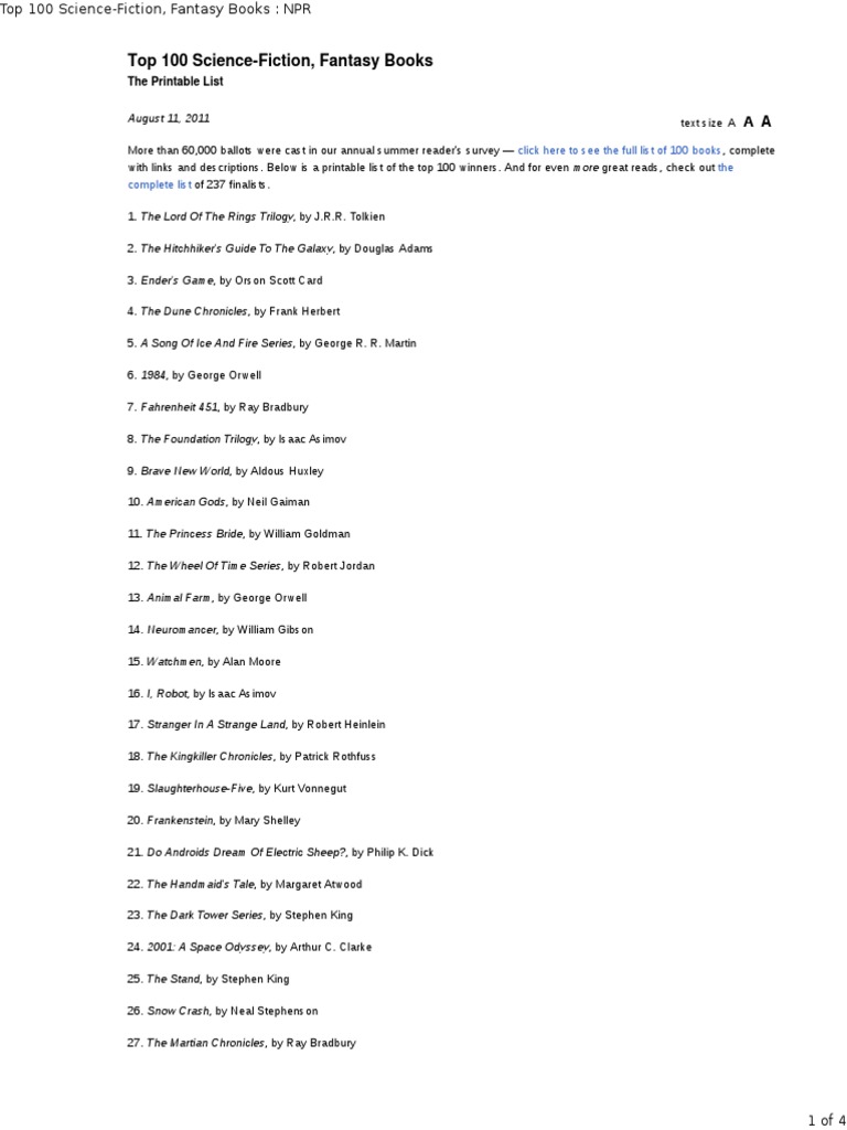 NPR 100 Science Fiction and Fantasy Books PDF Fantasy Literature Science Fiction