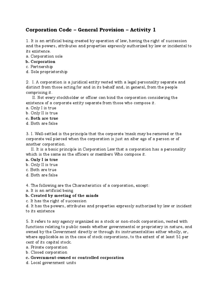 Corporation Code General Provision Activity 1 PDF Corporations