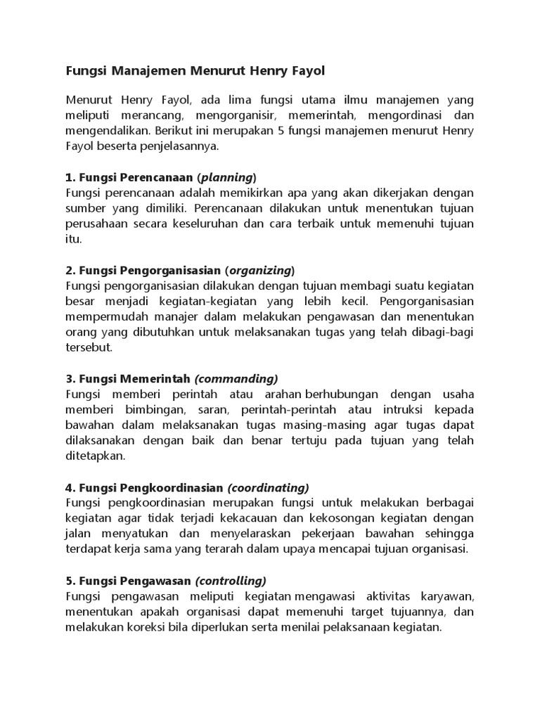 Fungsi Manajemen Menurut Henry Fayol