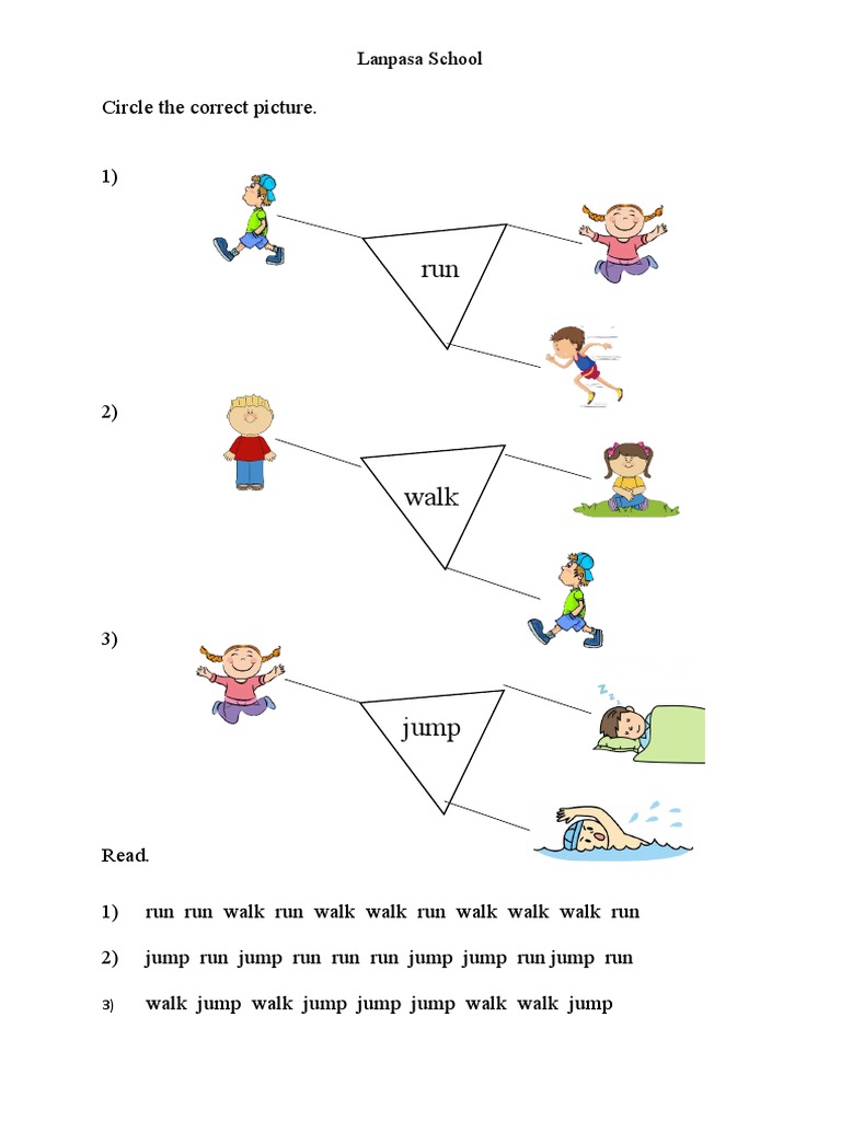 E0.1.2 Verbs, Run Walk Jump (Circle The Correct Picture) | PDF