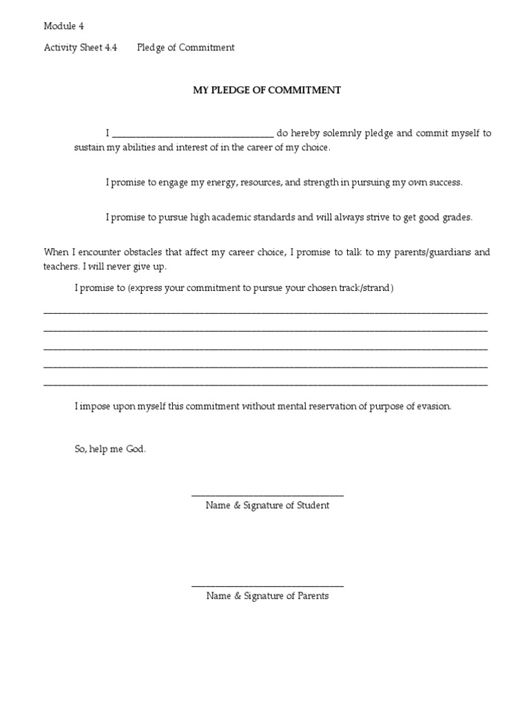 Module 4 Activity Sheet No. 4.4 My Pledge of Commitment | PDF
