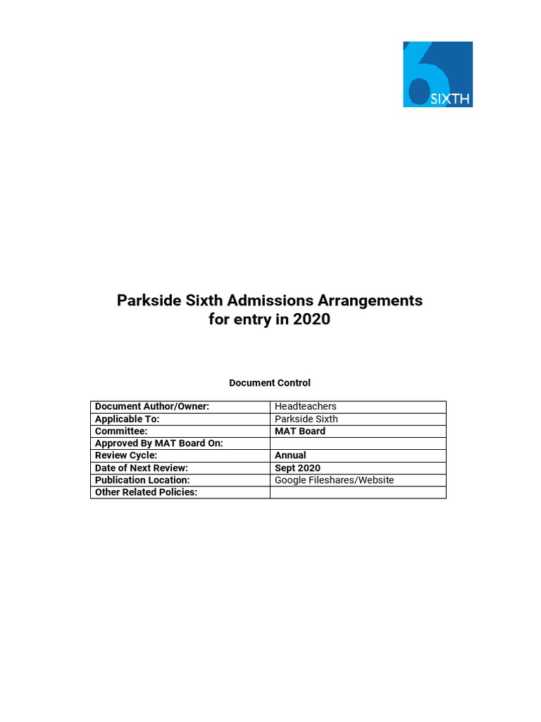 Parkside Sixth Admissions Arrangements For Entry in 2020 PDF University And College