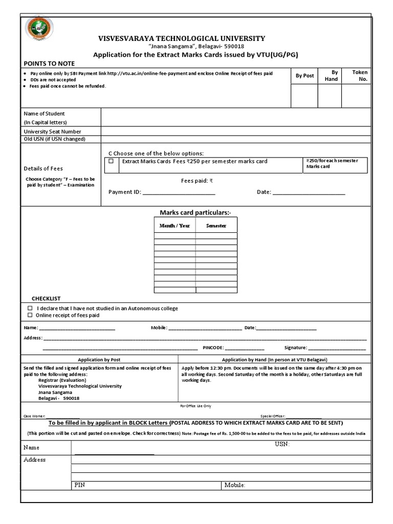 Visvesvaraya Technological University Application For The Extract Marks ...