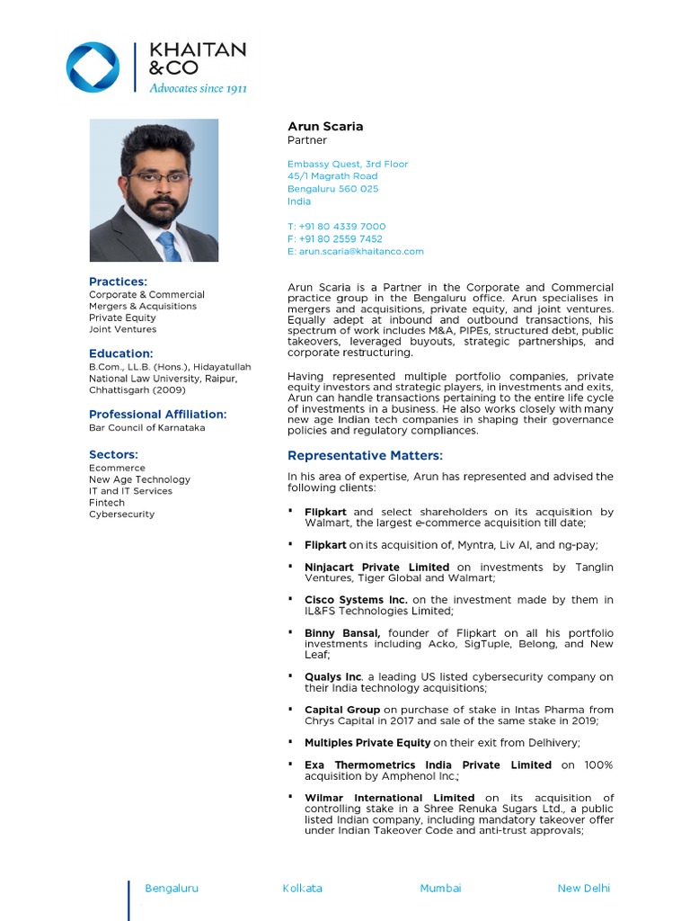 Khaitan & Co CV - Arun Scaria | PDF
