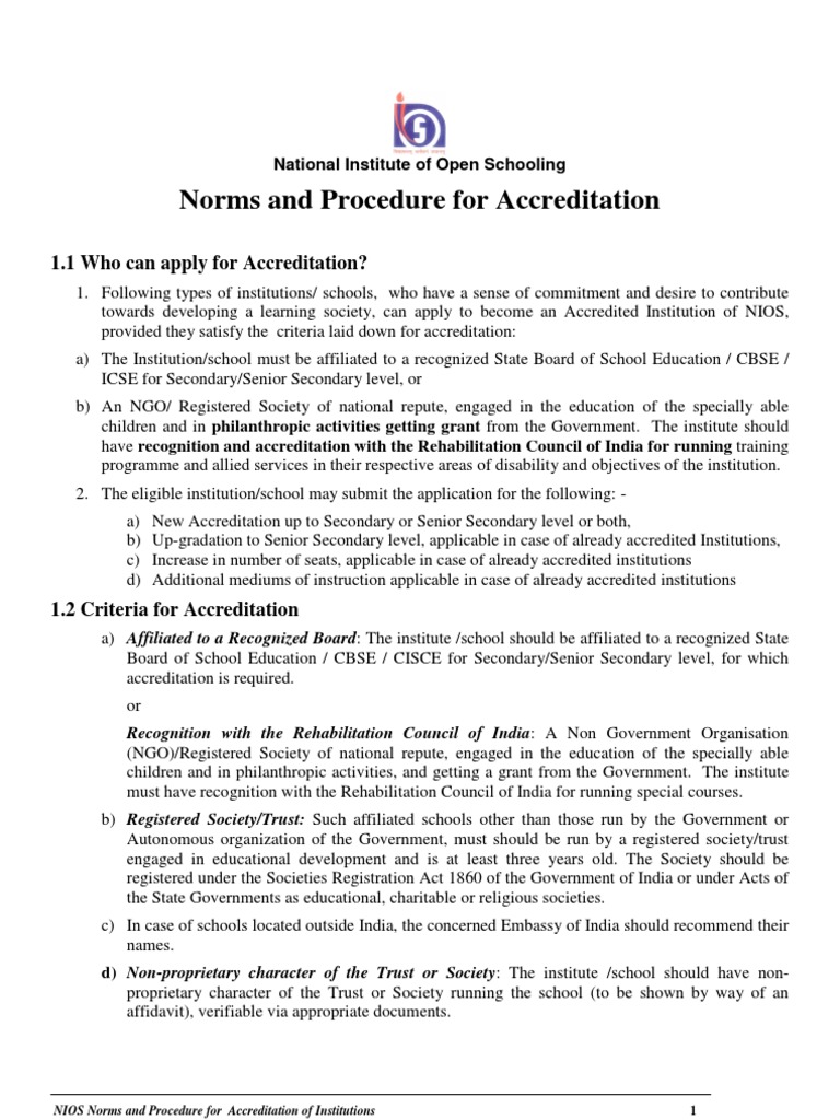 NIOS Accreditation Process Overview | PDF