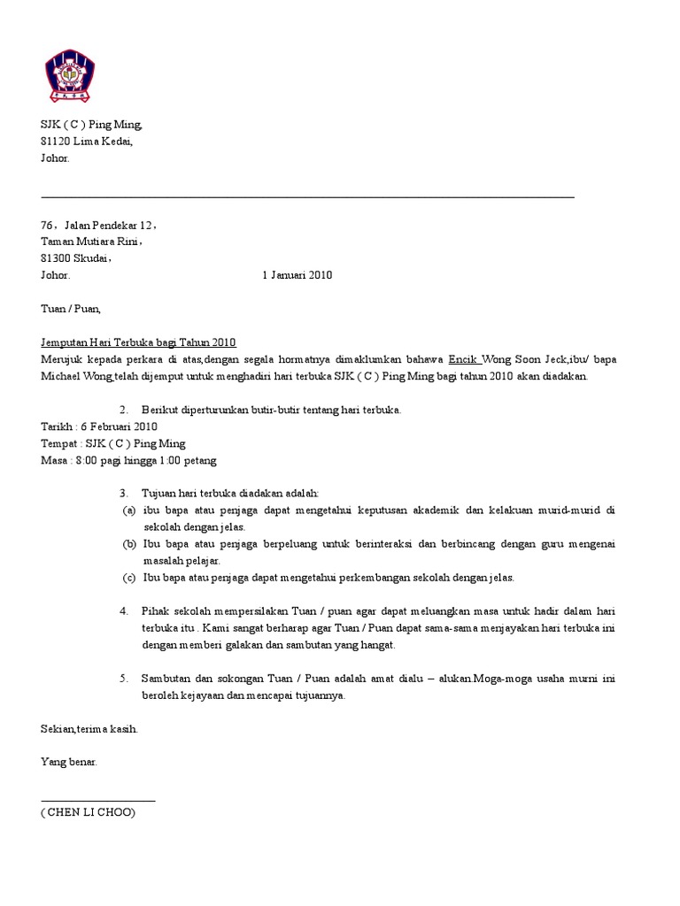 Surat Rasmi Hari Terbuka Mail Merge Pdf