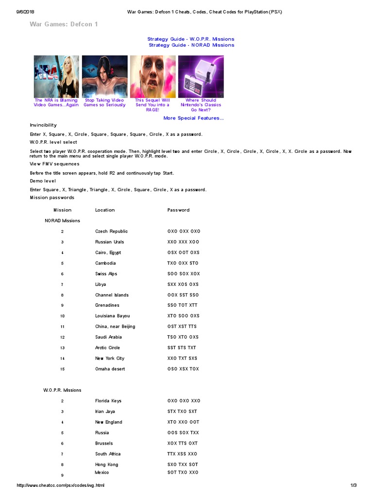 War Games - Codes - PlayStation (PSX) | PDF | Entertainment | Video ...