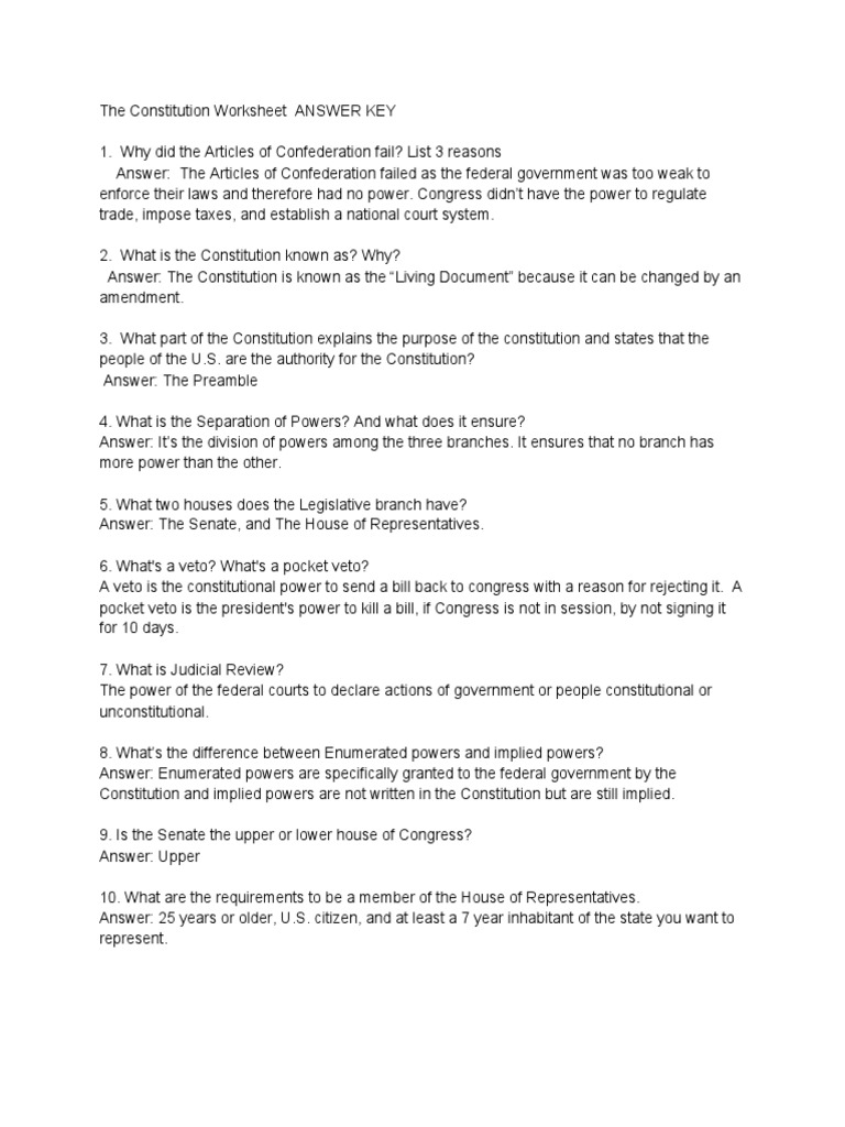 The Constitution Worksheet ANSWER KEY PDF