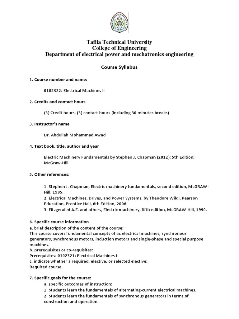 Course Syllabus Electrical Machines Ii Summer Semester Pdf Electric