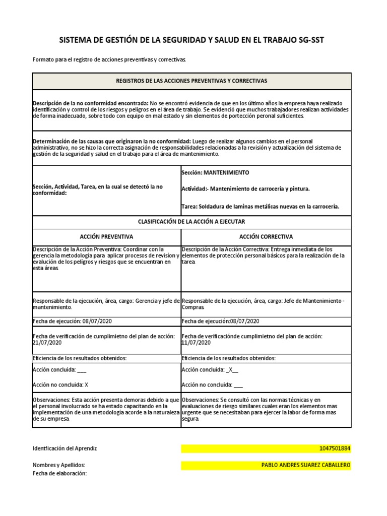 Propuesta Escrita De Acciones Preventivas Y Correctivas Pdf
