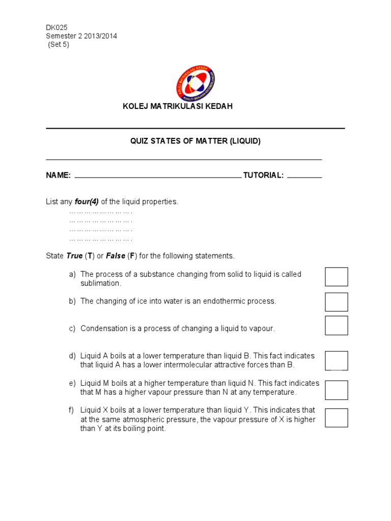Quiz C5 States Of Matter Set 5 Pdf