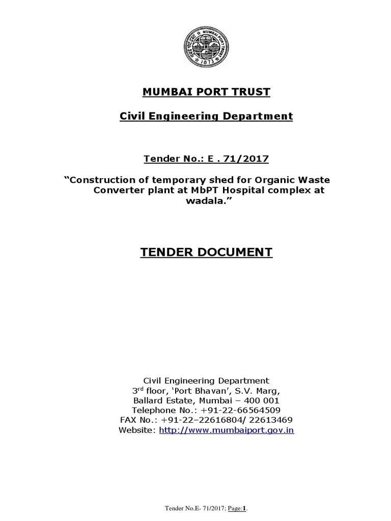 Mumbai Port Trust Civil Engineering Department: Tender Document | PDF ...