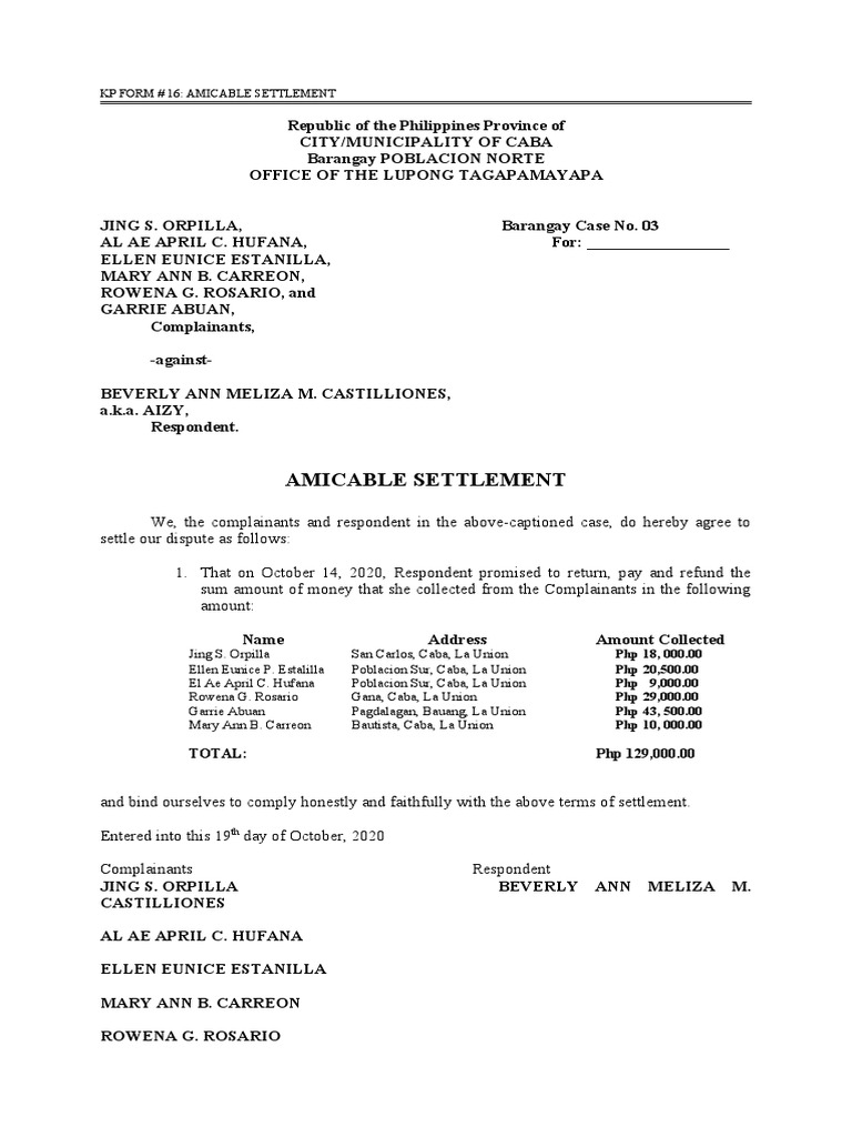 Barangay Amicable Settlement Agreement | PDF