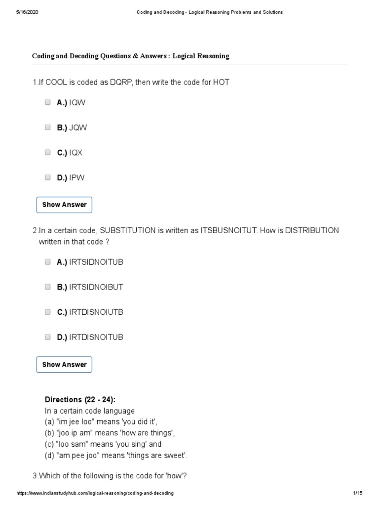 Coding and Decoding - Logical Reasoning Problems and Solutions | PDF ...