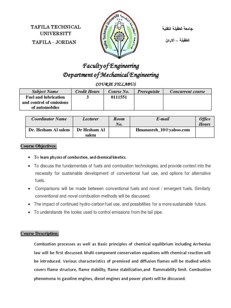 Course Syllabus Fuel and Lubrication and Control of Emissions of