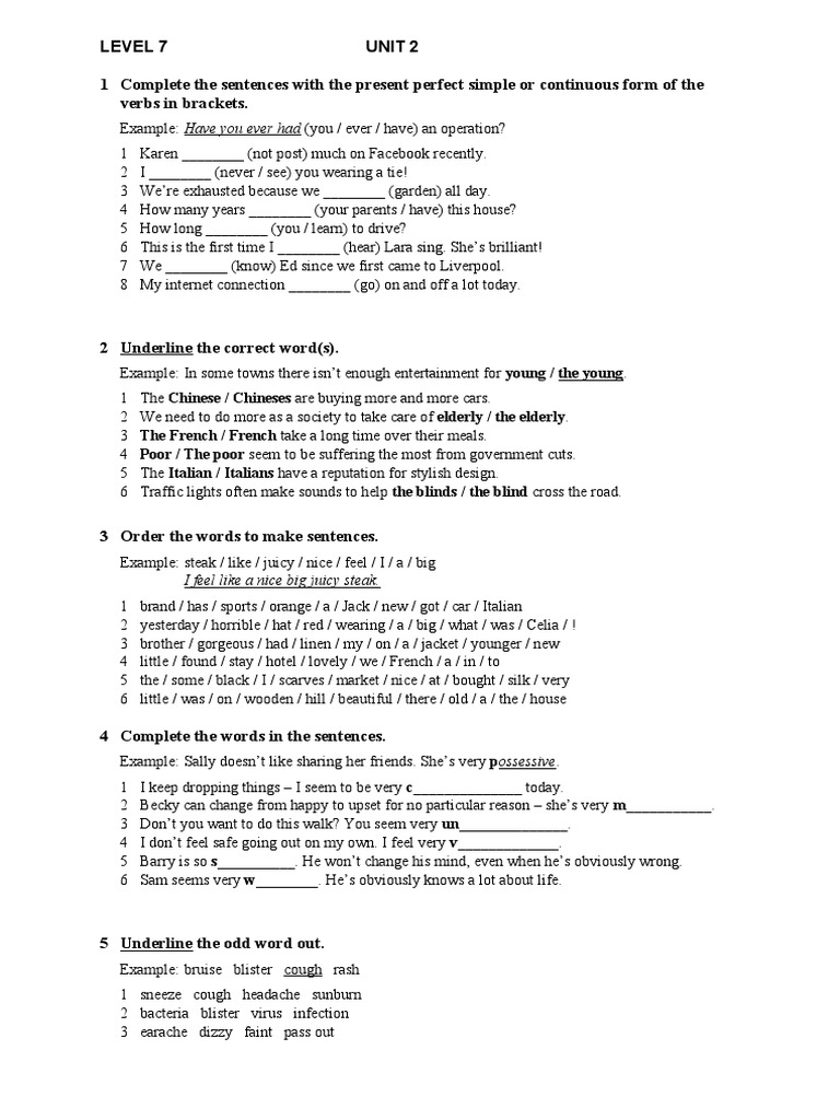 Present Perfect Tense, Comparatives, Word Order, Adjectives, Synonyms