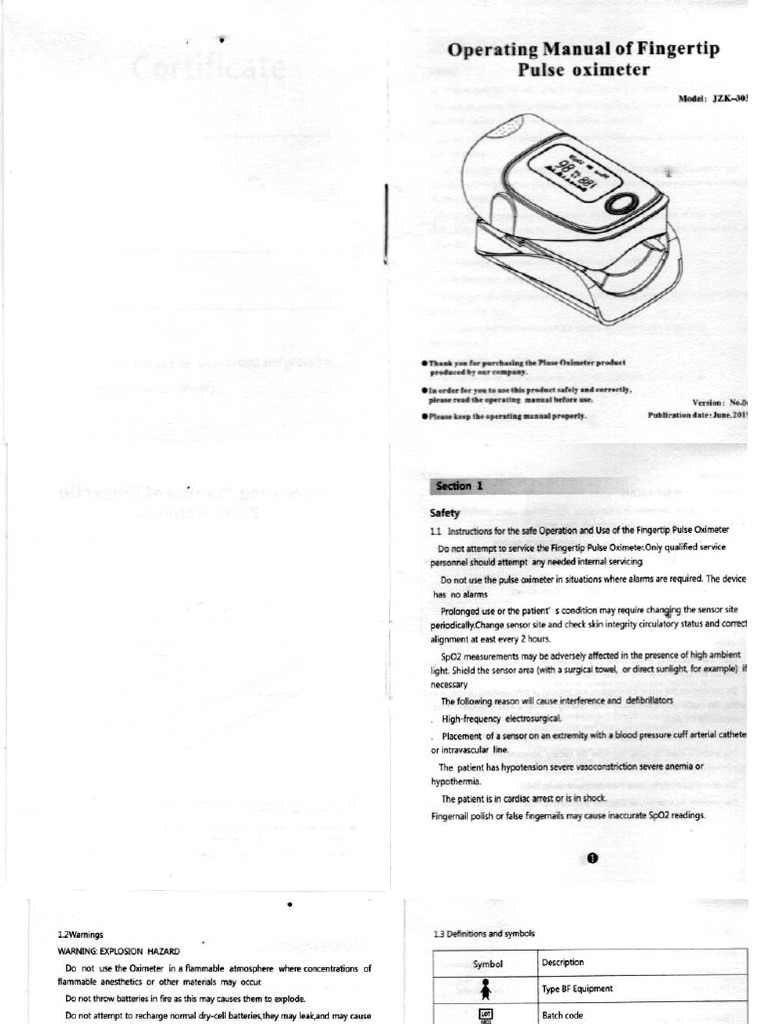 Pulse Oximeter Jziki Model JZK 303 PDF