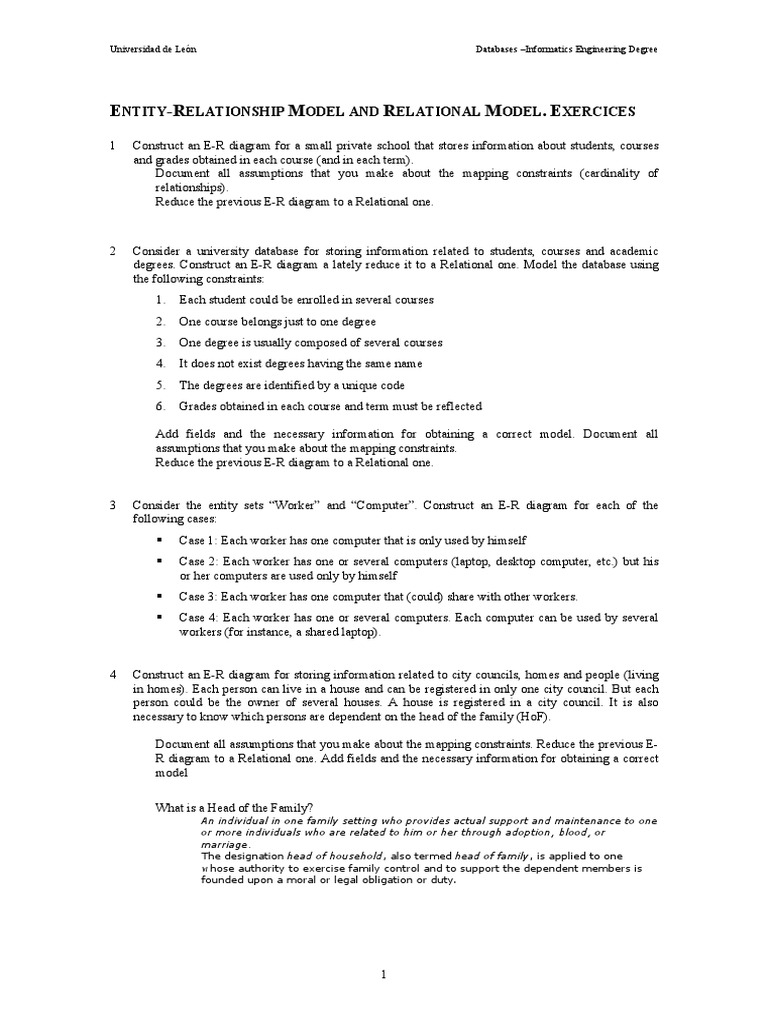 E-R and Relational Model Exercises | PDF | Relational Database ...