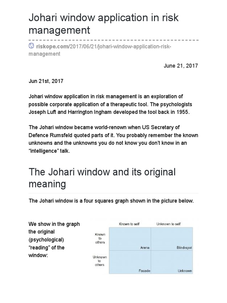 Johari Window Application in Risk Management - Riskope | PDF | Risk ...