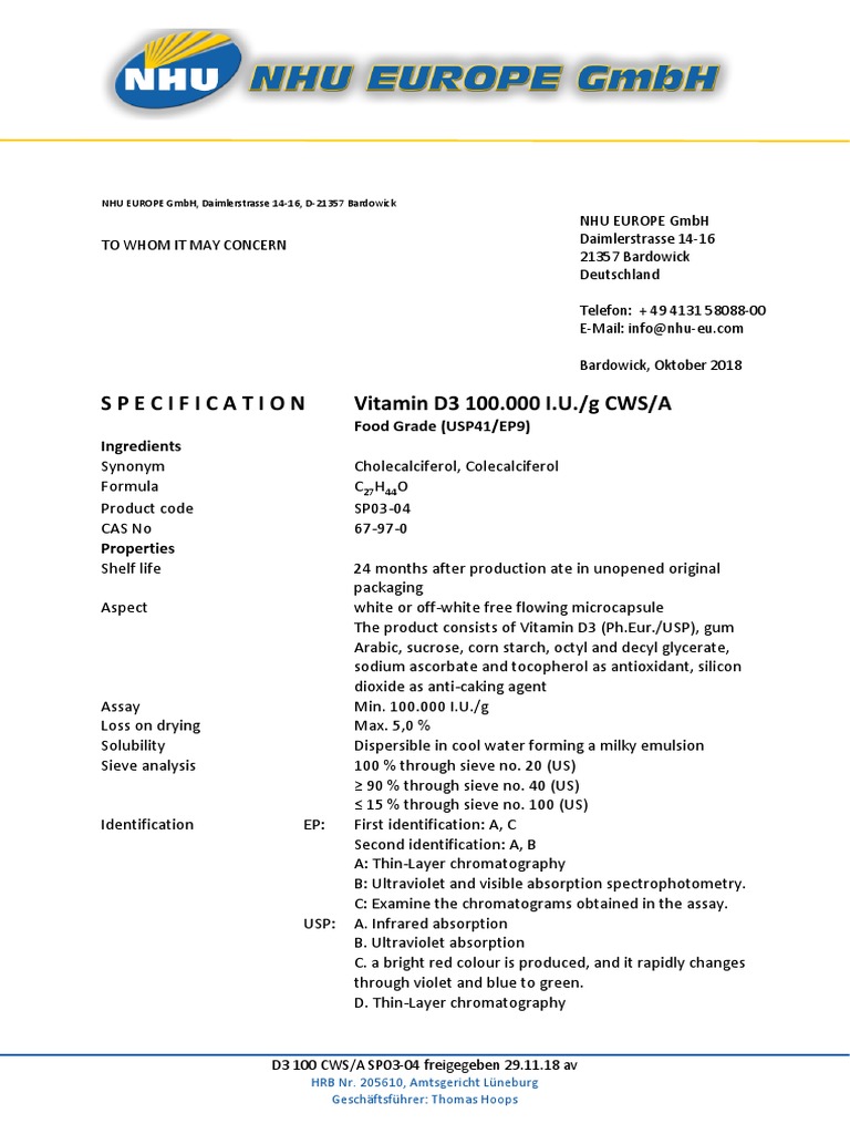 Vitamin D3 100 CWS Specifications | PDF | Chemical Substances | Chemistry